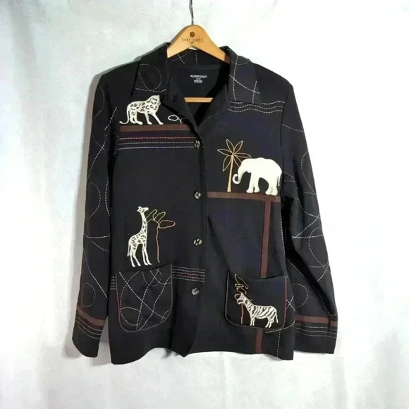 Allison Daley Jungle Embroidered Jacket Black sz S Giraffe Elephant Zebra blazer - Picture 1 of 4
